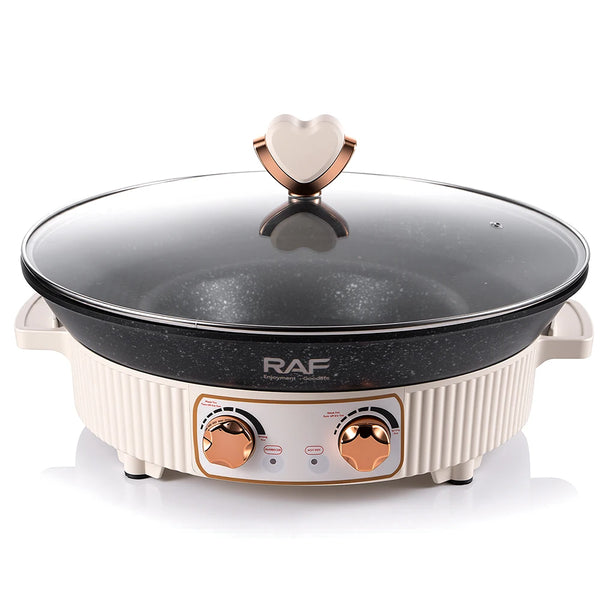 Uniform Heat Electrical Hot Pot and BBQ Grill Pan with glass lid and control knobs.