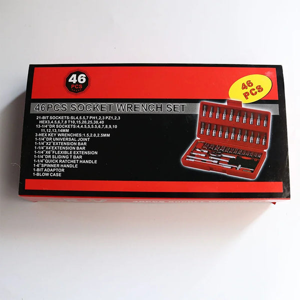 46-Piece All-in-One Socket Wrench Tool Set packaging, compact design, includes various socket sizes and bits.