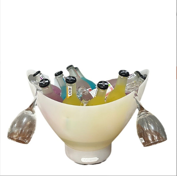 7L Bluetooth LED Ice Bucket with Speaker and Light Effects filled with colorful drinks and glasses.