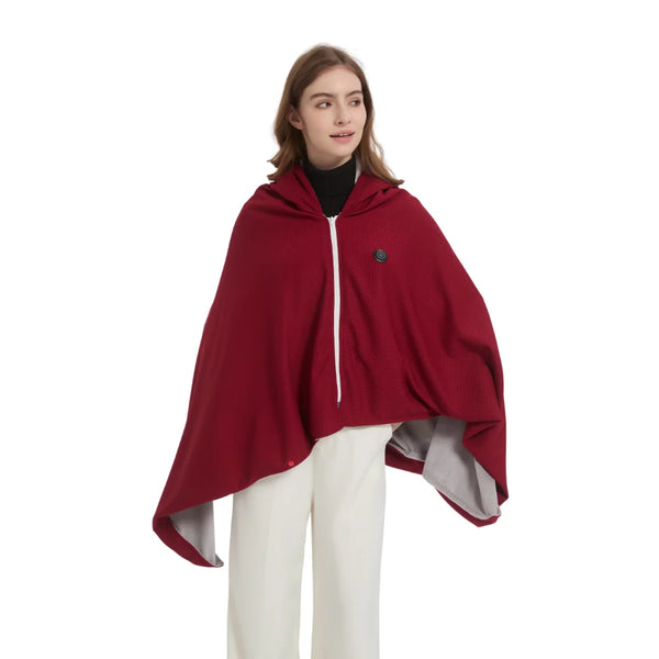 Model wearing Winter Solid Zipper USB Heated Electric Hoodie Shawl in red, showcasing its stylish design and cozy fit.