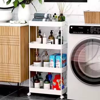 4 Layer Gap Kitchen Storage Rack Slim Slide Tower maximizing storage in a tight kitchen space.
