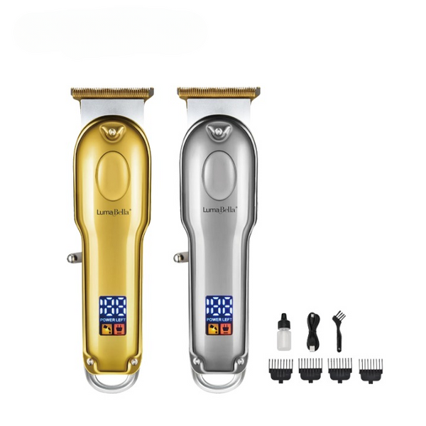 Professional Electric Hair Clipper in gold and silver with accessories for precision haircuts