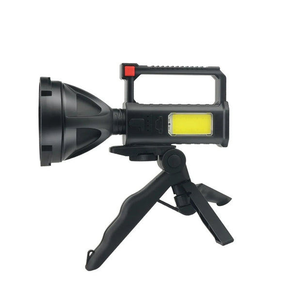 Folding LED Camping Torch Work Lamp with Stand on a black tripod, featuring a handle and LED light.