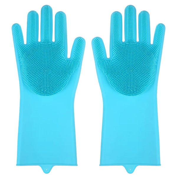 Heat Resistant Silicone Scrubber Magic Gloves in blue, designed for cleaning and protecting hands while handling hot water.