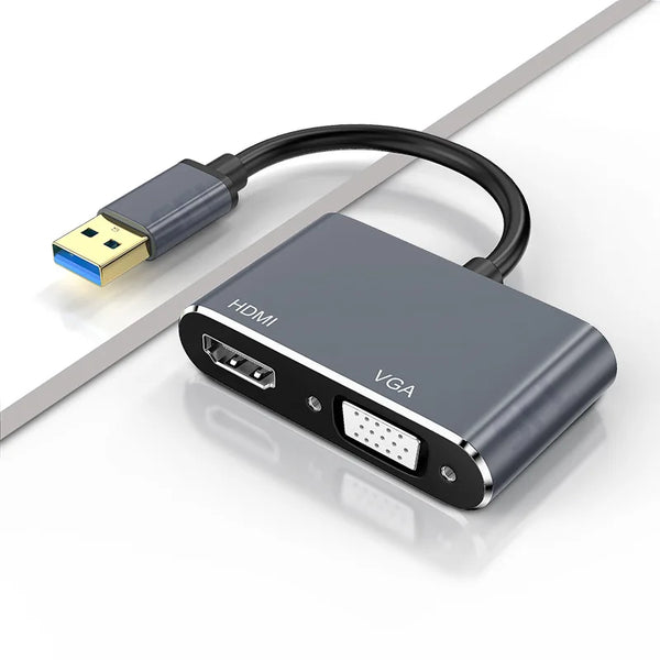 USB 3.0 to HDMI VGA Dual Output Adapter for connecting dual displays with audio output.