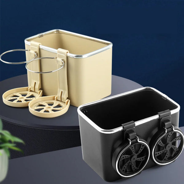 Car Armrest Cup Holder Storage Box in black and beige with cup holder attachments on a modern table background.