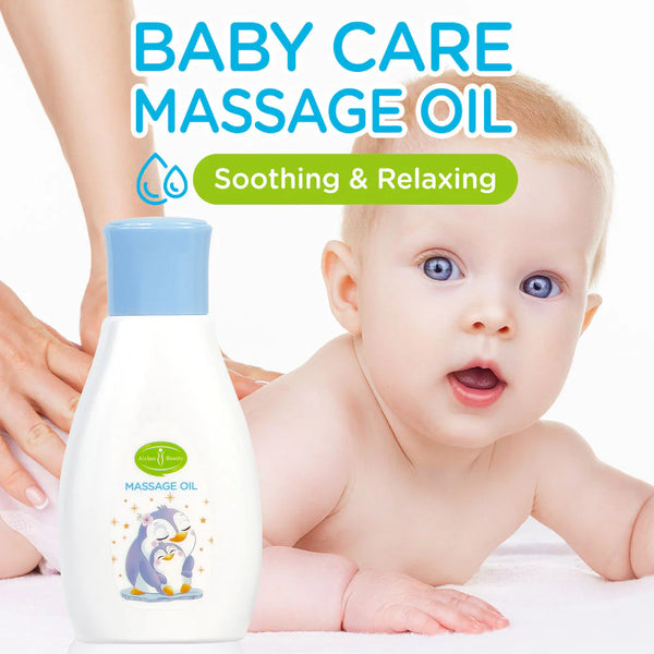 Vitamin E Soothing Baby Massage Oil with a cute baby being massaged in a relaxed setting.