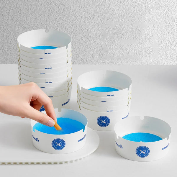 Disposable Ashtray Cups for Home & Office Use stacked for easy ash disposal and convenience.