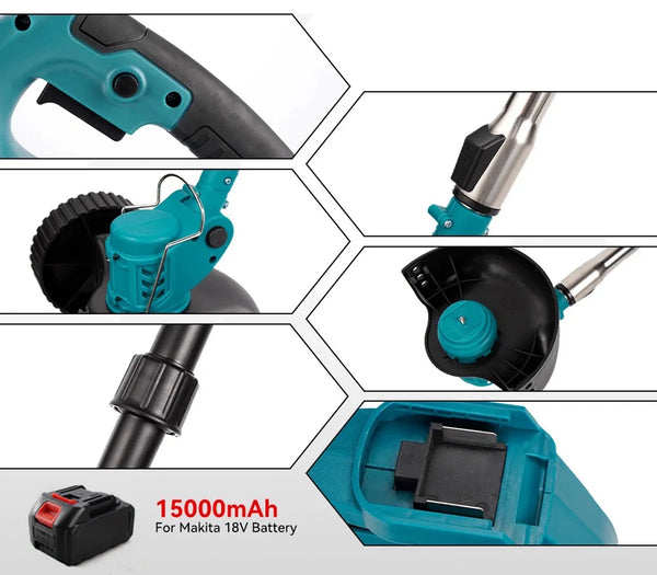 Detailed features of the 21V Folding Handheld Cordless Lawn Mower with a Makita 18V battery.