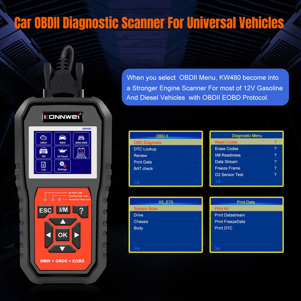 KW480 Full System OBD2 Diagnostic Scanner interface showing various vehicle diagnostic options and menus.