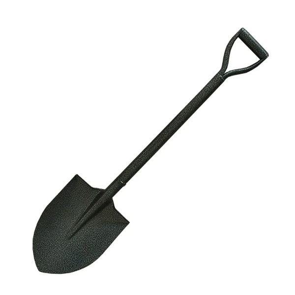 Carbon Steel Round Point D Handle Shovel with a long handle and sharp blade for efficient digging and landscaping.