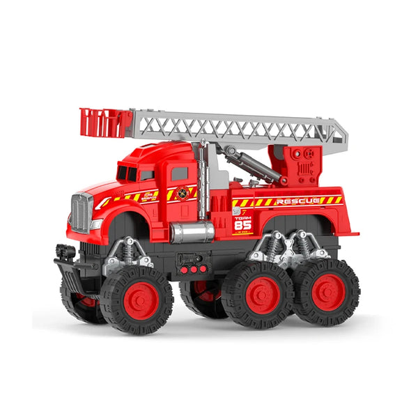 Friction Powered Simulation Fire Truck Toy with movable ladder and realistic design in red color.