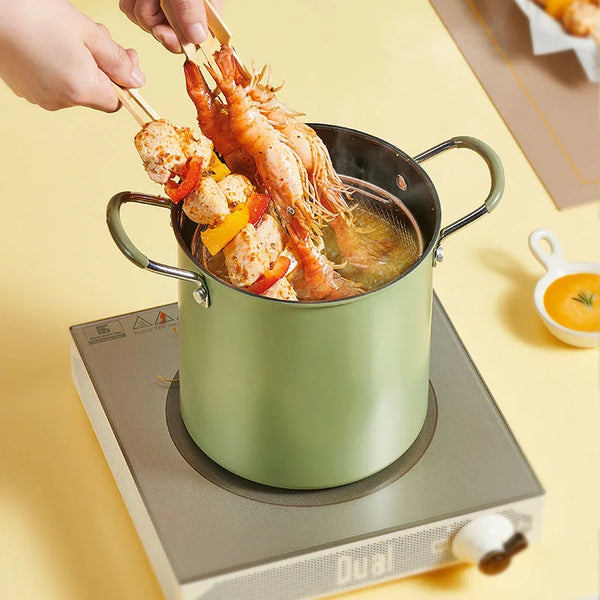 Japanese-Style Non-Stick Deep Fryer and Noodle Pot with shrimp and vegetables being cooked.