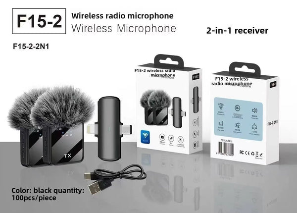 F15-2 Wireless Lavalier Microphone set with microphone, receiver, and packaging displayed.