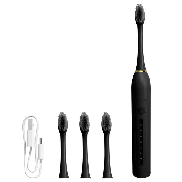 Electric Sonic Toothbrush for adults with four brush heads and charging cable.