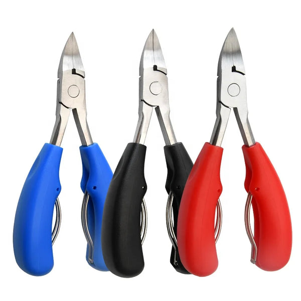 Professional Nail Cutter Nipper for Thick Nails in blue, black, and red with ergonomic handles.