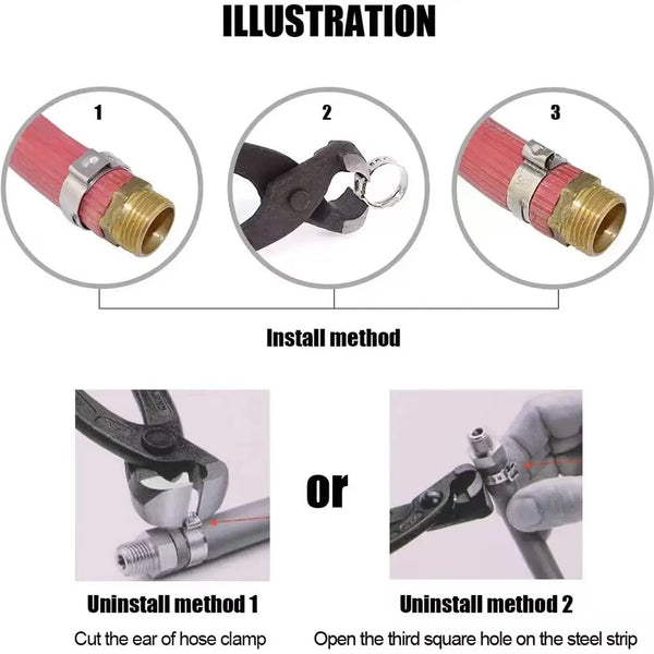 Illustration showing install and uninstall methods for Stainless Steel Double Pipe Clamp with hose and tool.
