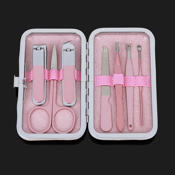 7 Piece Luxury Classic Nail Trimmer Kit with grooming tools in a pink case.