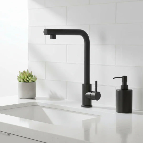 Matte Black Single Handle Kitchen Sink Faucet with high-arc design and pull-out sprayer in modern kitchen.