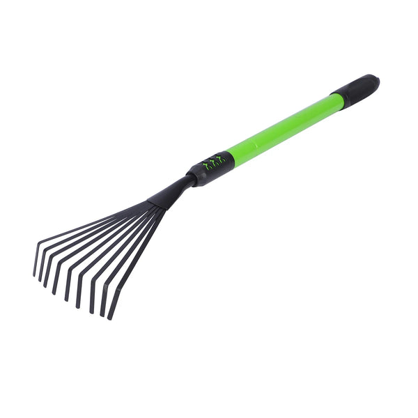 Metal Garden Lawn Rake with Telescopic Handle for easy leaf and debris removal in gardens.