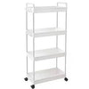 4 Layer Gap Kitchen Storage Rack Slim Slide Tower in white with four shelves and wheels for easy mobility.