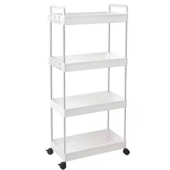 4 Layer Gap Kitchen Storage Rack Slim Slide Tower in white with four shelves and wheels for easy mobility.
