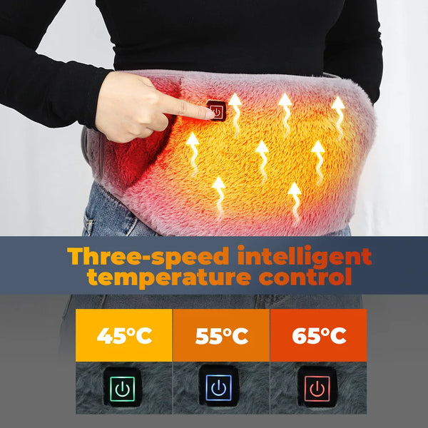 USB Electric Heating Belt with three-speed temperature control and soft plush design for muscle relief.
