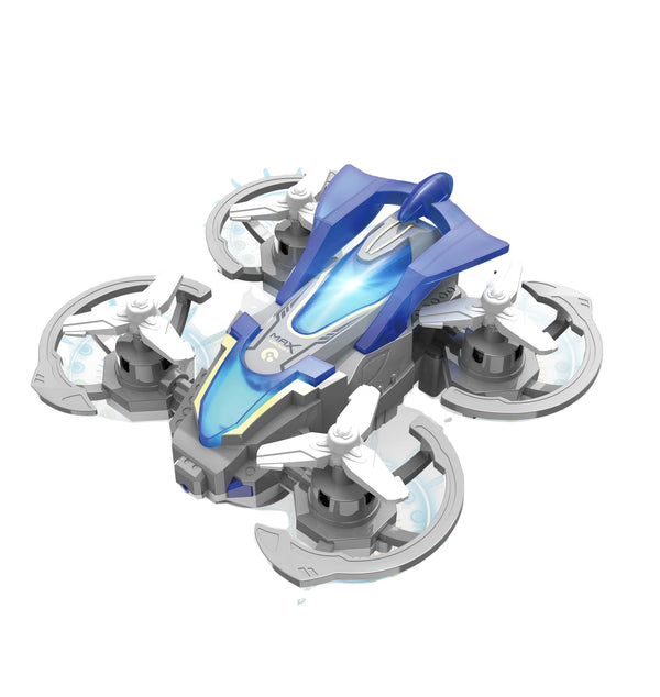 Rotating Aircraft Friction Inertia Stunt Car in blue and gray design with spinning propellers.