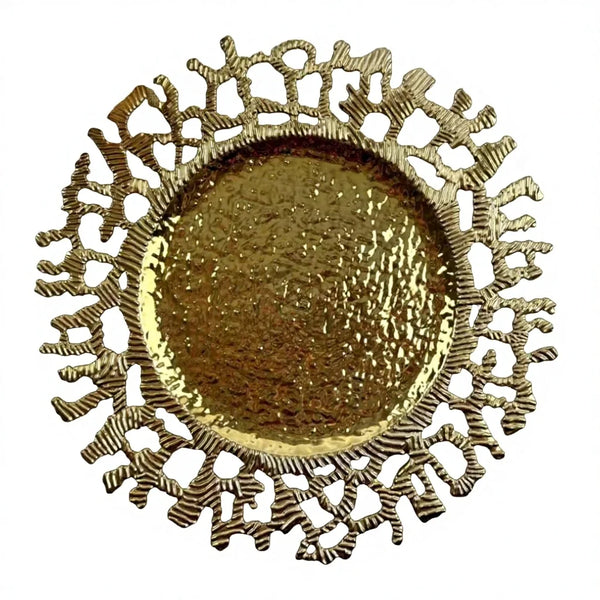 European Style Irregular Hollow Plating Plate featuring a decorative gold ceramic serving design with a textured surface.