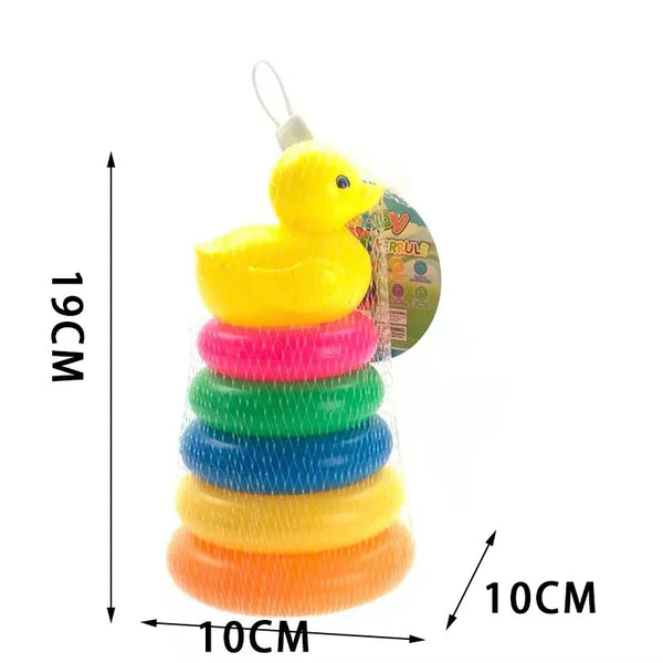 Rainbow Duck Stacking Tower Toy with colorful rings, designed for sensory development and motor skills in infants.