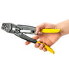 Hand holding 1.25-16mm Ratchet Crimping Plier Tool for securing electrical connections.