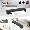 Portable Wireless Thermal Printer displayed with smartphone and documents, showcasing its compact design and usability.