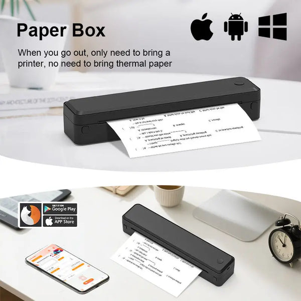 Portable Wireless Thermal Printer displayed with smartphone and documents, showcasing its compact design and usability.