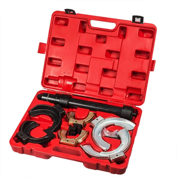 Universal McPherson Coil Spring Compressor Tool Set in a red carrying case, featuring interchangeable fork strut tools.