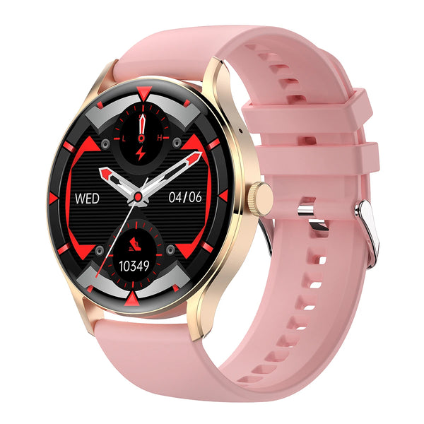 HK33 BT Call Fashion Smart Watch with black and red dial on a pink strap, stylish and functional for everyday use.