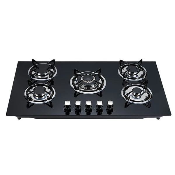 5 Burner Glass Gas Cooker Cooktop Induction Stove featuring six burners and sleek black design.