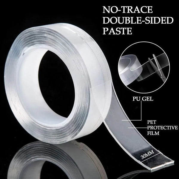 Double-Sided Nano Gel Grip Tape roll on a black background, showcasing its clear, no-trace, double-sided adhesive feature.