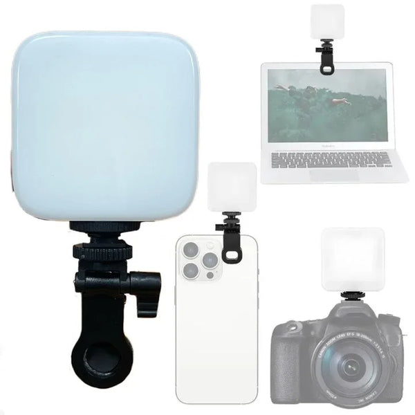 Rechargeable Clip-on LED Ring Selfie Light attached to smartphone and laptop for enhanced lighting.