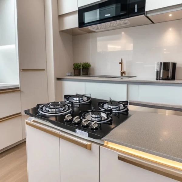 Portable Electric Gas Manual 4 Burner Cooker on a modern kitchen countertop with stylish cabinets and a microwave above.