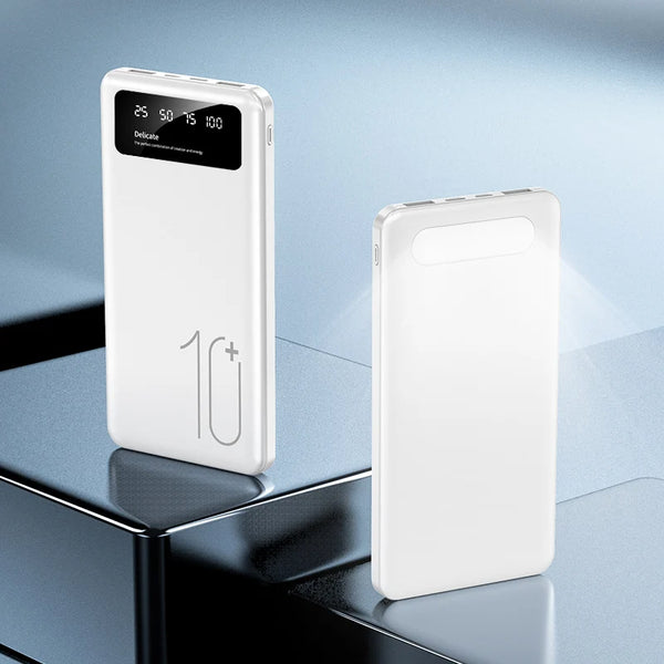 Super Slim Portable Mini Power Bank 10000mAh in sleek white design with digital display, perfect for on-the-go charging.