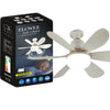 E27 Screw-In LED Ceiling Fan Light with four blades, bright LED light, and packaging showcasing its features.