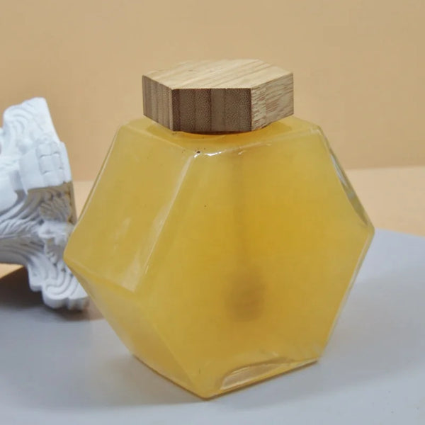 Hexagon Honey Glass Jar with Wooden Lid
