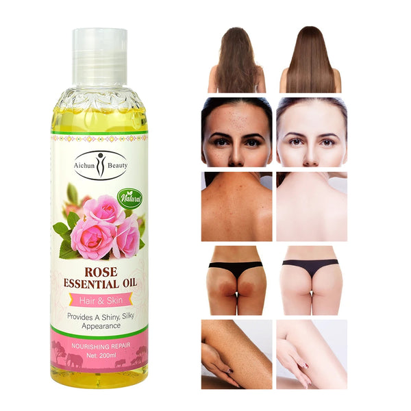 Pure Natural Rose Essential Oil bottle for hair and skin nourishment with before and after results.