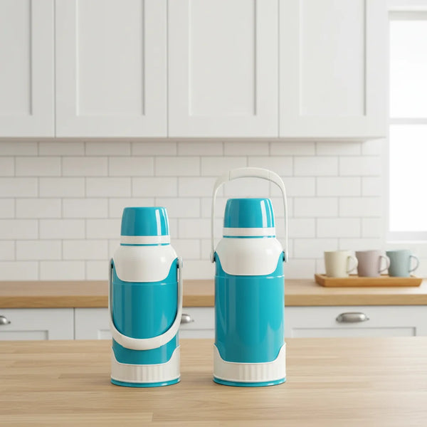 Two 3.2L Large Capacity Double-Wall Vacuum Flasks in vibrant blue color on a kitchen counter.