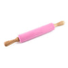 Non-Stick Wooden Handle Silicone Rolling Pin in pink color with wooden handles for easy dough preparation.
