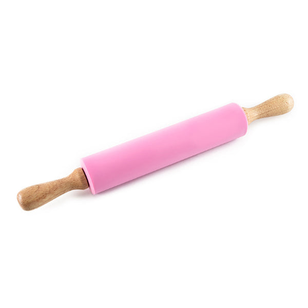 Non-Stick Wooden Handle Silicone Rolling Pin in pink color with wooden handles for easy dough preparation.