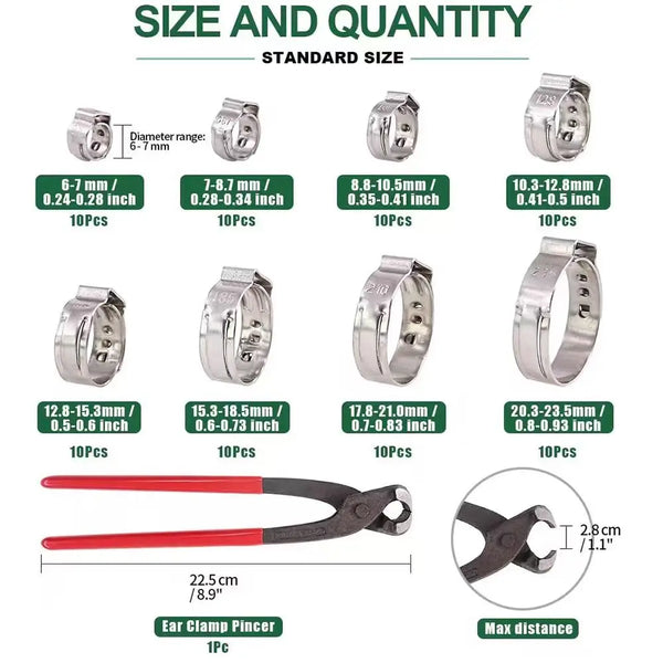 Stainless Steel Double Pipe Clamp sizes and quantities with ear clamp pincer for various pipe diameters.