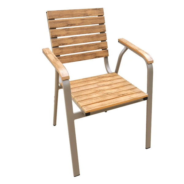Outdoor Teak and Aluminium Dining Table with 4 Armchairs armchair with wooden slats and aluminum frame.