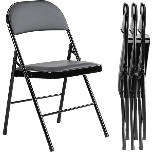 Black Padded Folding Chair with Steel Frame, stacked and ready for easy storage.