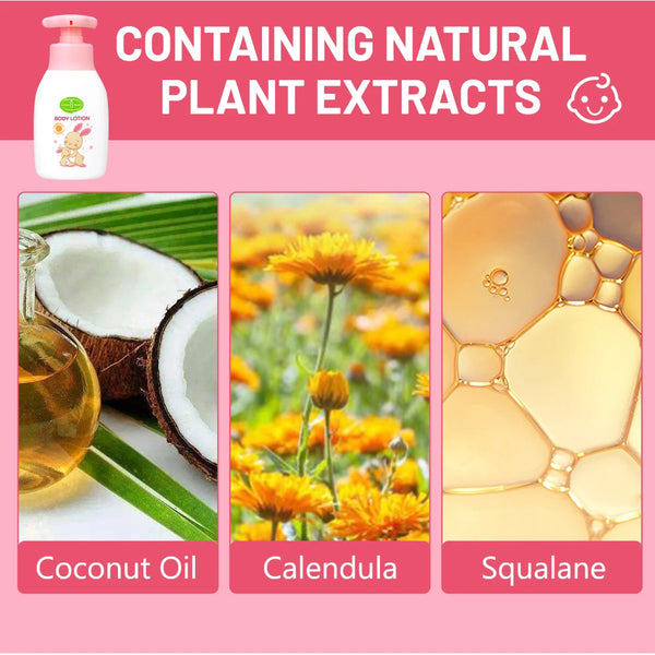Natural Baby Moisturizing Body Lotion featuring Coconut Oil, Calendula, and Squalane for gentle skincare.